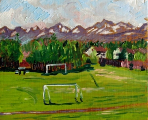 Balto seppala park in anchorage alaska soccer field mountains painting