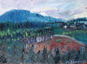 Blodget Oregon hills with clear cuts painting