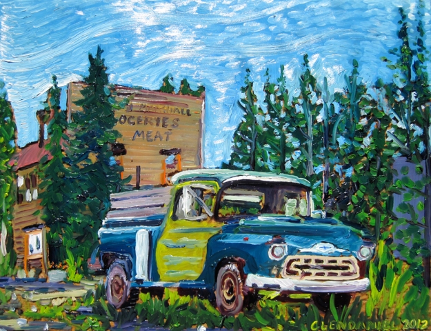 antique green chevy in alaska painting