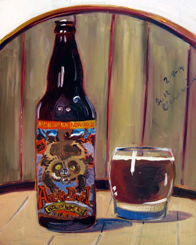 Year of Beer 02.08. Arctic Devil Barley Wine by Midnight Sun Brewing Co. Oil on panel, 8"x10".
