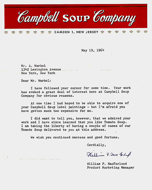 Campbell Soup Company letter to Andy Warhol