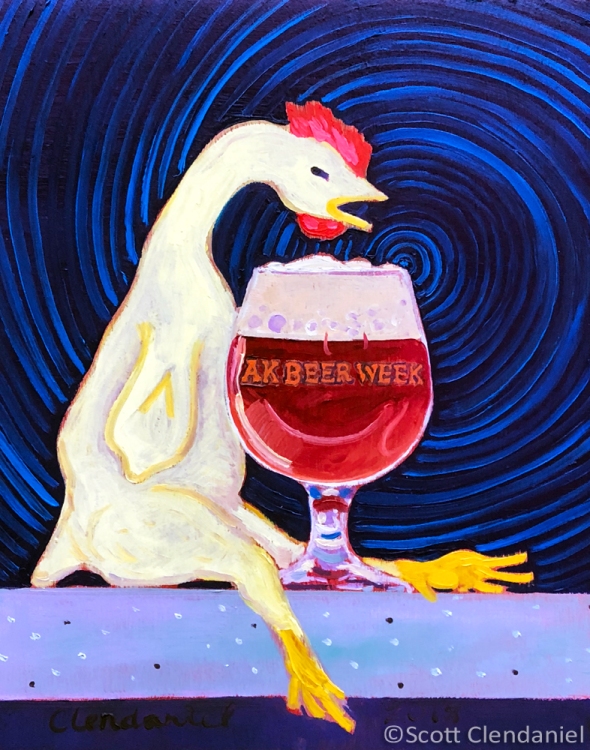 Thirsty Thursday Beer Painting #122. Rubber Chicken of AK Beer Week. 8"x10", oil on panel. By Scott Clendaniel.