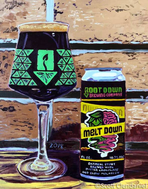 Thirsty Thursday Beer Painting #126. Melt Down Stout by Root Down Brewing Co. 11"x14", oil on panel. By Scott Clendaniel