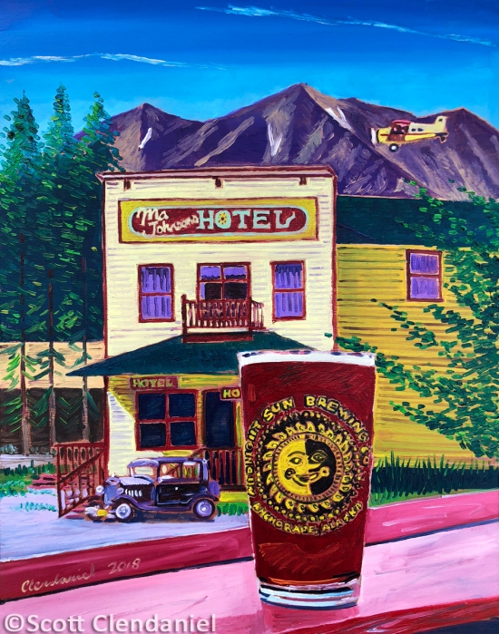 Thirsty Thursday Beer Painting #144. Sockeye Red IPA by Midnight Sun Brewing Co. at the Golden Saloon in McCarthy, Alaska. 11"x14", oil on panel. By Scott Clendaniel.
